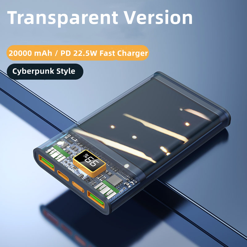 Cyberpunk Transparent Led Câble Intégré 22.5w Pd Charge Rapide 10000 20000 Mah Banque Alimentation Mobile 